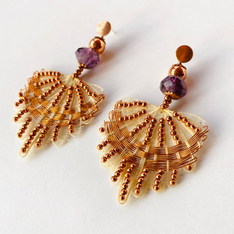 BOUCLES D'OREILLES PLUMES CUIVRE BLEU
