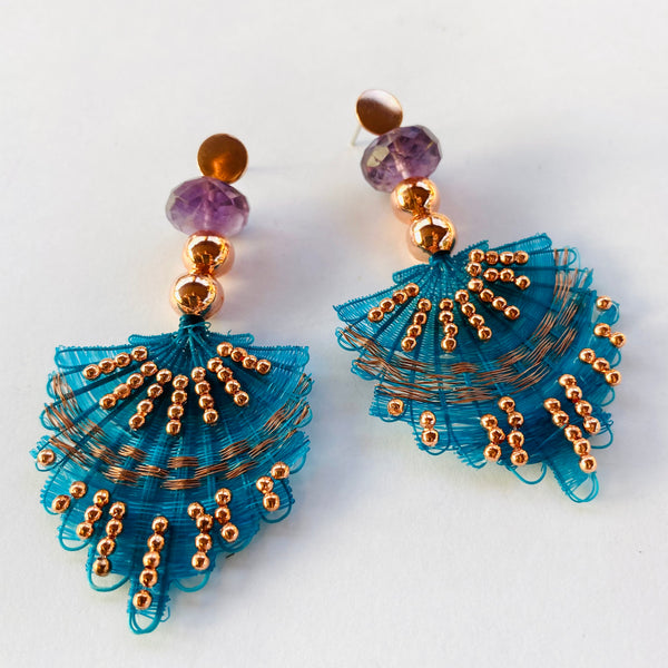 BOUCLES D'OREILLES PLUMES EN OR BLEU