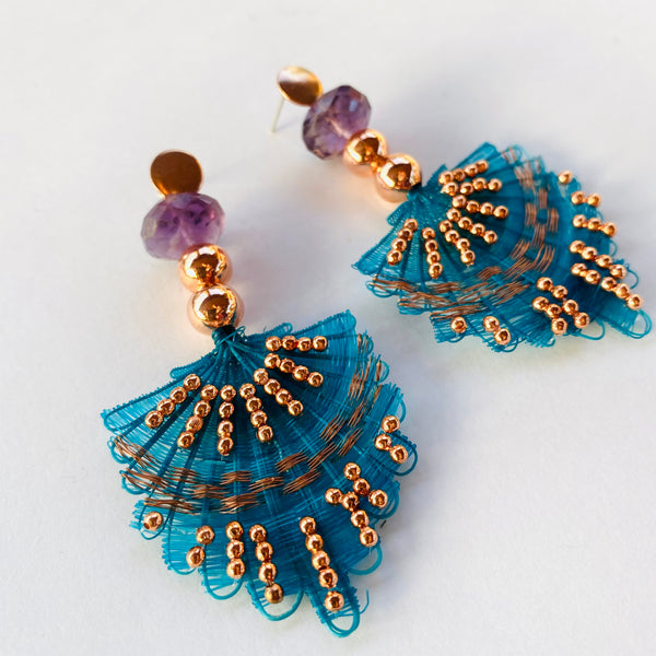 BOUCLES D'OREILLES PLUMES EN OR BLEU
